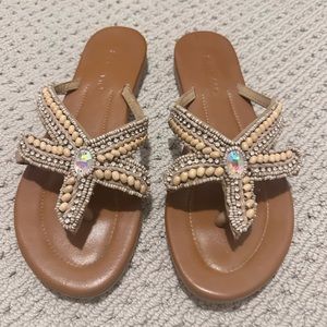 Skemo Tan Starfish Mermaid Beaded Strappy Sandals Flats Women Shoes Size 6